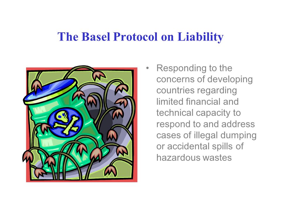 The Basel Protocol on Liability Responding to the concerns of developing countries regarding limited financial and technical capacity to respond to and address cases of illegal dumping or accidental spills of hazardous wastes