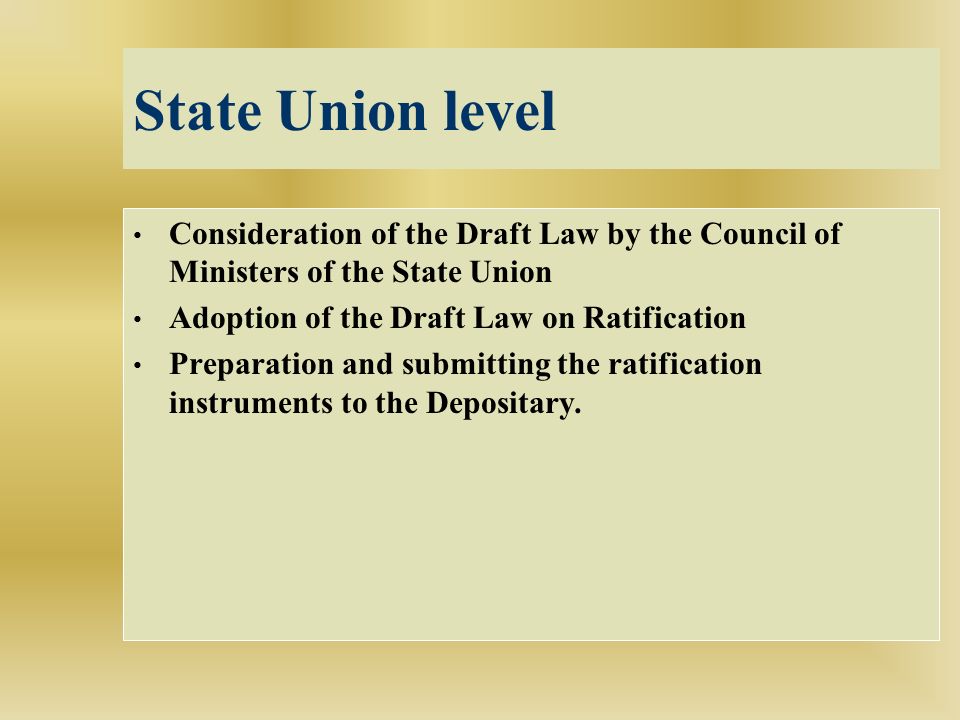 State Union level Consideration of the Draft Law by the Council of Ministers of the State Union Adoption of the Draft Law on Ratification Preparation and submitting the ratification instruments to the Depositary.