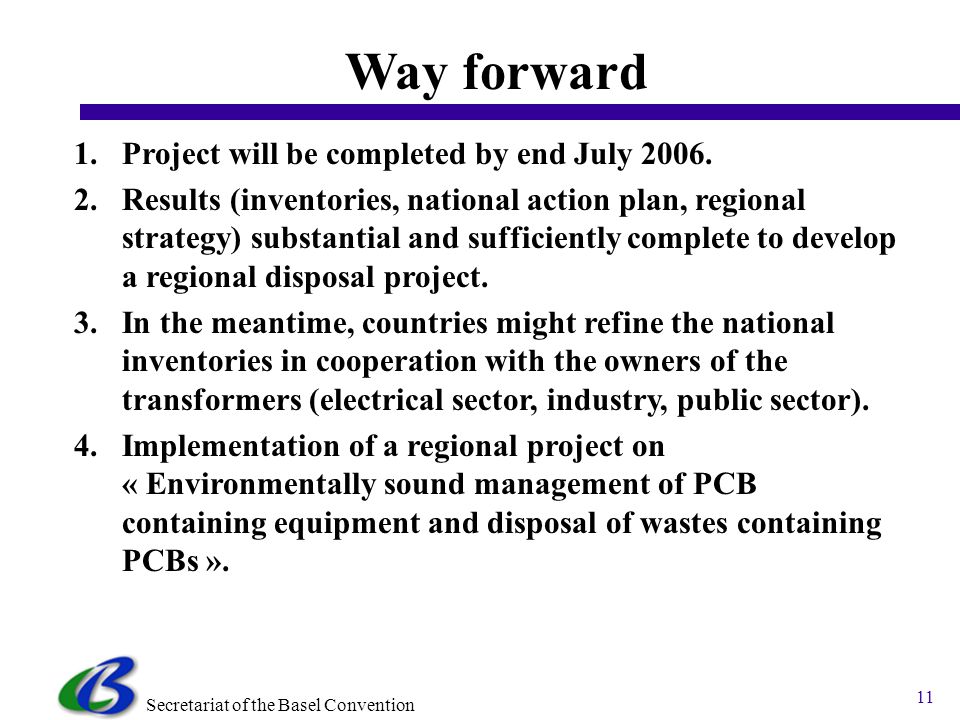 Secretariat of the Basel Convention 11 Way forward 1.Project will be completed by end July 2006.