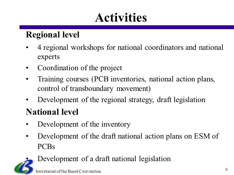 Secretariat of the Basel Convention 6 Regional level 4 regional workshops for national coordinators and national experts Coordination of the project Training courses (PCB inventories, national action plans, control of transboundary movement) Development of the regional strategy, draft legislation National level Development of the inventory Development of the draft national action plans on ESM of PCBs Development of a draft national legislation Activities