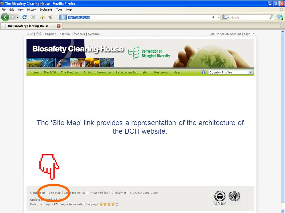 The Site Map link provides a representation of the architecture of the BCH website.