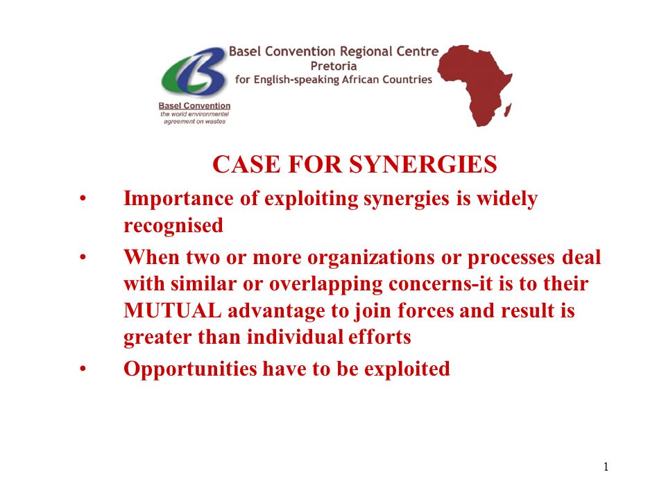 1 CASE FOR SYNERGIES Importance of exploiting synergies is widely recognised When two or more organizations or processes deal with similar or overlapping concerns-it is to their MUTUAL advantage to join forces and result is greater than individual efforts Opportunities have to be exploited