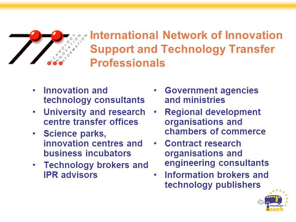 Strand 3 Projects are Specific Support Actions financed by the European Commission, DG Enterprise and Industry, within the Sixth Framework Programme International Network of Innovation Support and Technology Transfer Professionals Innovation and technology consultants University and research centre transfer offices Science parks, innovation centres and business incubators Technology brokers and IPR advisors Government agencies and ministries Regional development organisations and chambers of commerce Contract research organisations and engineering consultants Information brokers and technology publishers