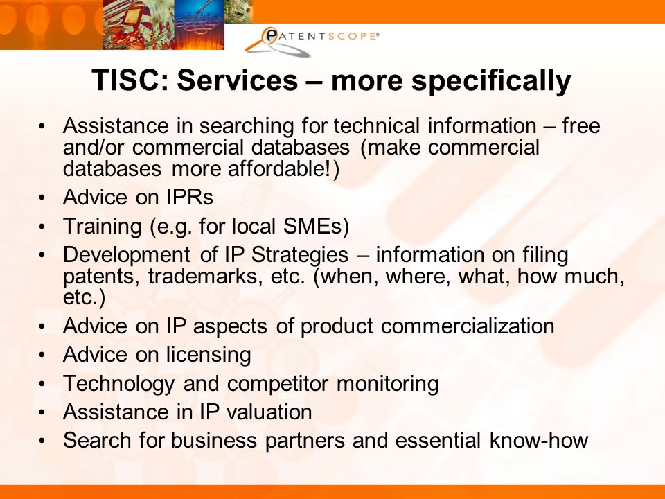 TISC: Services – more specifically Assistance in searching for technical information – free and/or commercial databases (make commercial databases more affordable!) Advice on IPRs Training (e.g.
