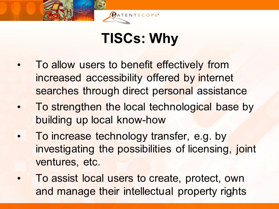 To allow users to benefit effectively from increased accessibility offered by internet searches through direct personal assistance To strengthen the local technological base by building up local know-how To increase technology transfer, e.g.