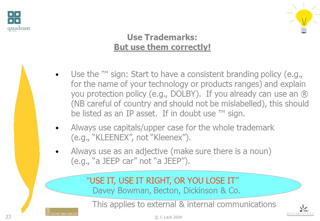 23 © J. Lack 2006 Use Trademarks: But use them correctly.