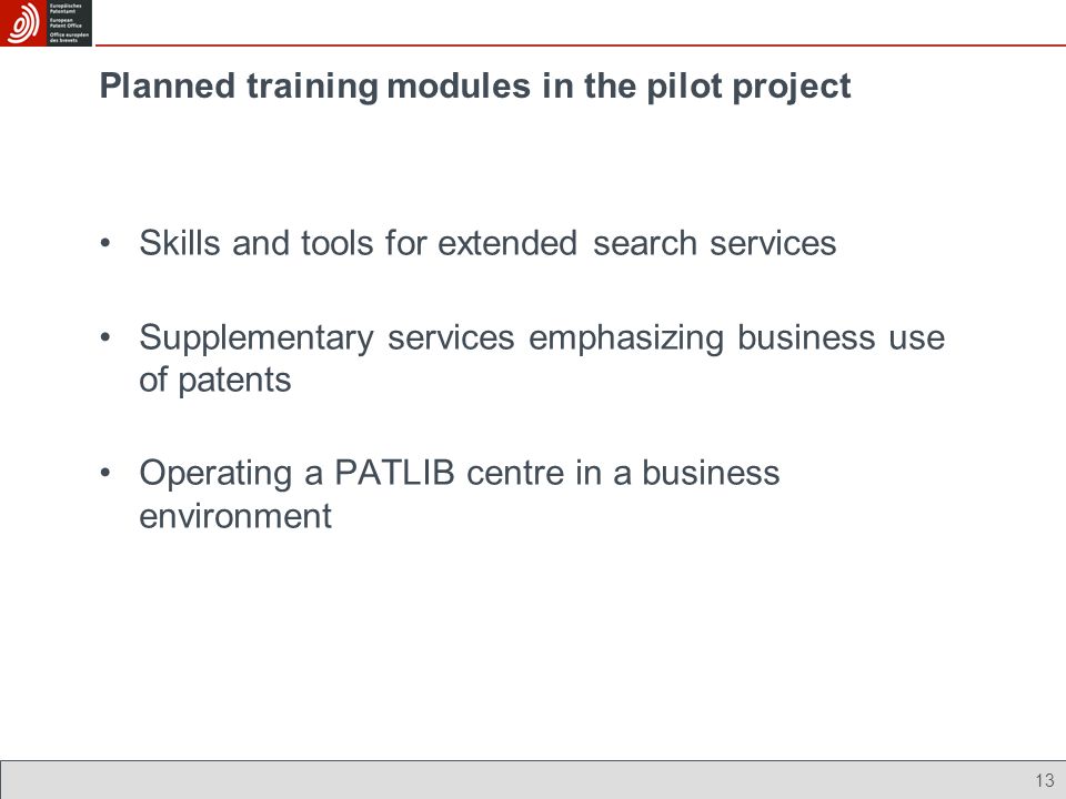 13 Planned training modules in the pilot project Skills and tools for extended search services Supplementary services emphasizing business use of patents Operating a PATLIB centre in a business environment