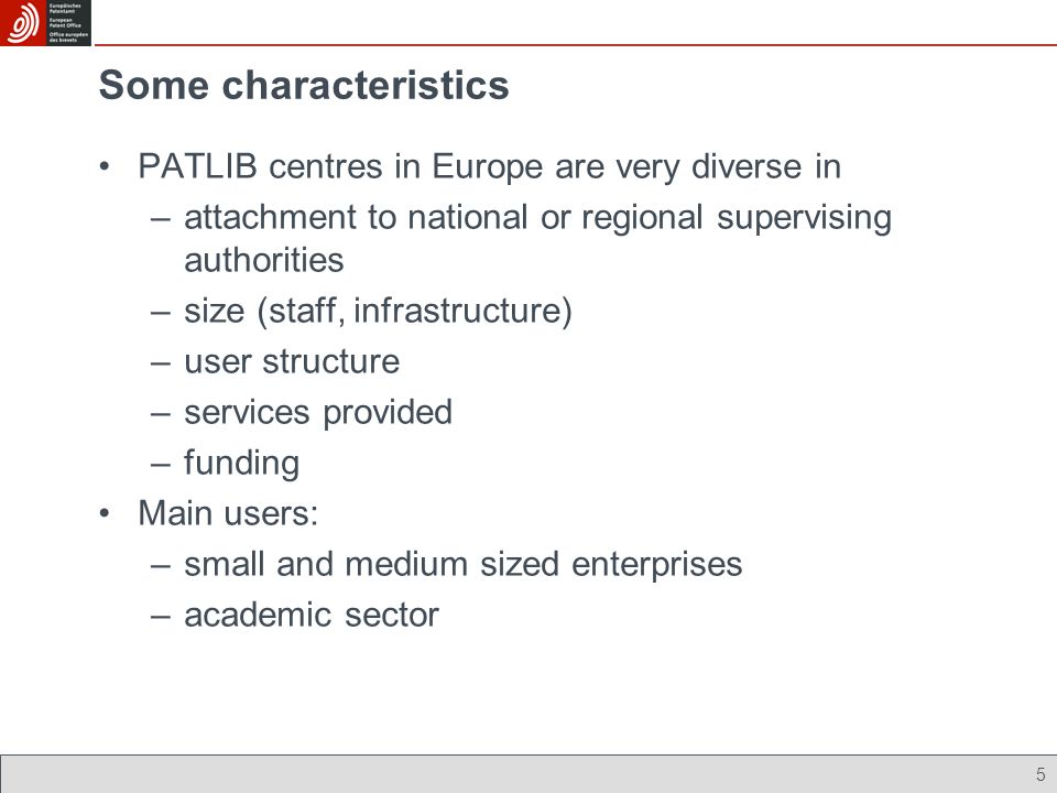 5 Some characteristics PATLIB centres in Europe are very diverse in –attachment to national or regional supervising authorities –size (staff, infrastructure) –user structure –services provided –funding Main users: –small and medium sized enterprises –academic sector