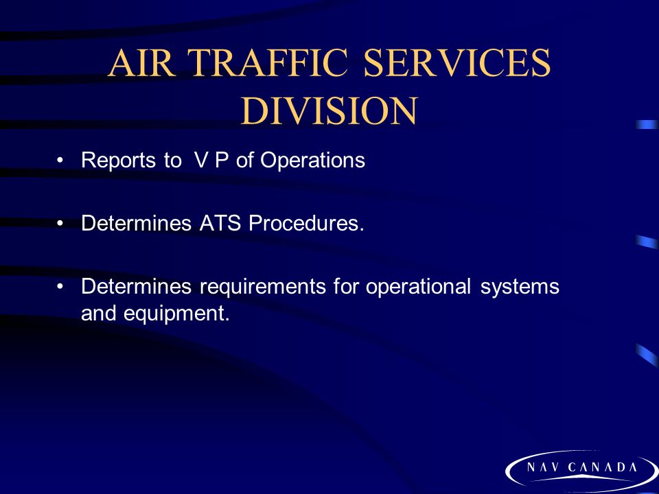 AIR TRAFFIC SERVICES DIVISION Reports to V P of Operations Determines ATS Procedures.