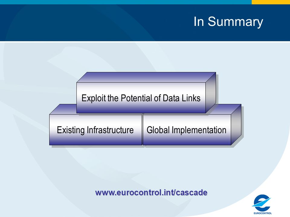 In Summarywww.eurocontrol.int/cascade Existing Infrastructure Global Implementation Exploit the Potential of Data Links