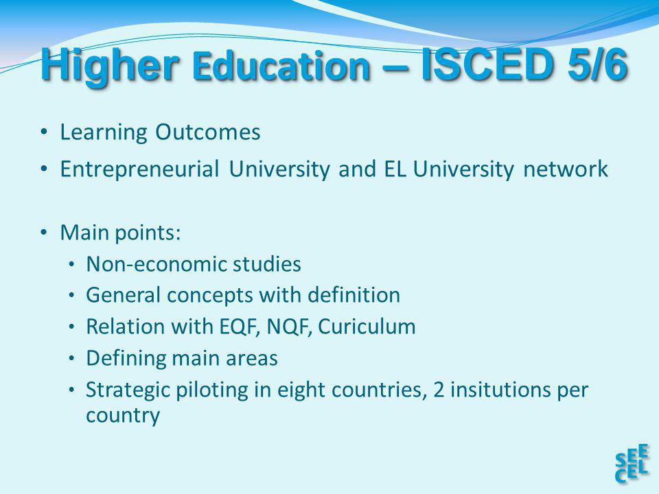 Higher Education – ISCED 5/6 Learning Outcomes Entrepreneurial University and EL University network Main points: Non-economic studies General concepts with definition Relation with EQF, NQF, Curiculum Defining main areas Strategic piloting in eight countries, 2 insitutions per country