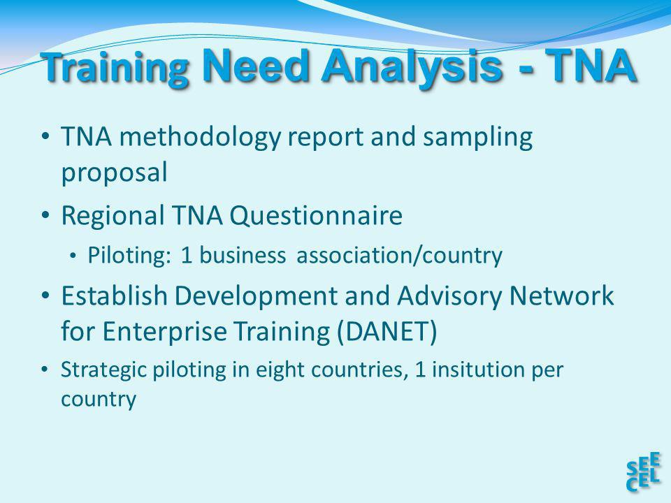 Training Need Analysis - TNA TNA methodology report and sampling proposal Regional TNA Questionnaire Piloting: 1 business association/country Establish Development and Advisory Network for Enterprise Training (DANET) Strategic piloting in eight countries, 1 insitution per country