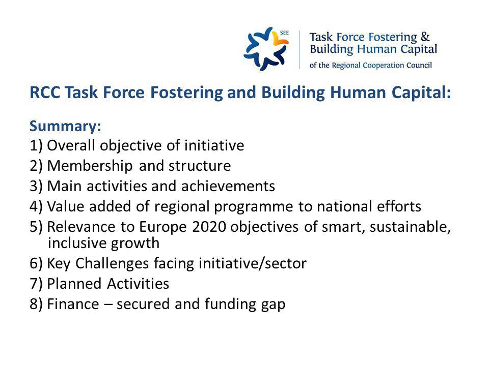 RCC Task Force Fostering and Building Human Capital: Summary: 1) Overall objective of initiative 2) Membership and structure 3) Main activities and achievements 4) Value added of regional programme to national efforts 5) Relevance to Europe 2020 objectives of smart, sustainable, inclusive growth 6) Key Challenges facing initiative/sector 7) Planned Activities 8) Finance – secured and funding gap