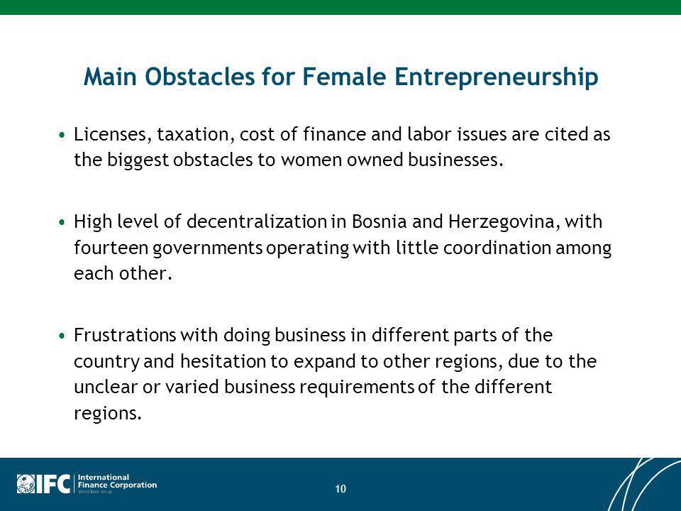 Main Obstacles for Female Entrepreneurship Licenses, taxation, cost of finance and labor issues are cited as the biggest obstacles to women owned businesses.