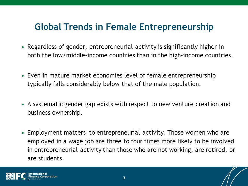 Global Trends in Female Entrepreneurship Regardless of gender, entrepreneurial activity is significantly higher in both the low/middle-income countries than in the high-income countries.