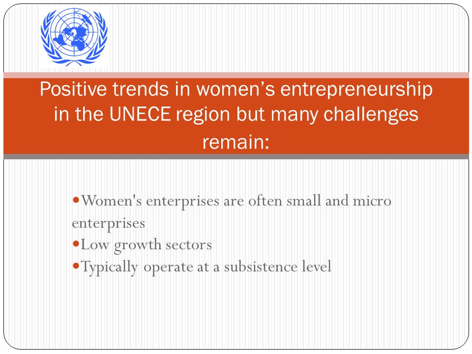 Women s enterprises are often small and micro enterprises Low growth sectors Typically operate at a subsistence level Positive trends in womens entrepreneurship in the UNECE region but many challenges remain: