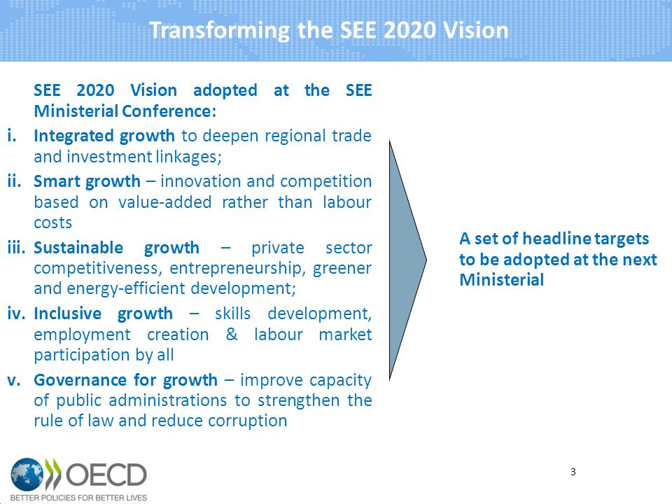 Transforming the SEE 2020 Vision SEE 2020 Vision adopted at the SEE Ministerial Conference: i.Integrated growth to deepen regional trade and investment linkages; ii.Smart growth – innovation and competition based on value-added rather than labour costs iii.Sustainable growth – private sector competitiveness, entrepreneurship, greener and energy-efficient development; iv.Inclusive growth – skills development, employment creation & labour market participation by all v.Governance for growth – improve capacity of public administrations to strengthen the rule of law and reduce corruption A set of headline targets to be adopted at the next Ministerial 3