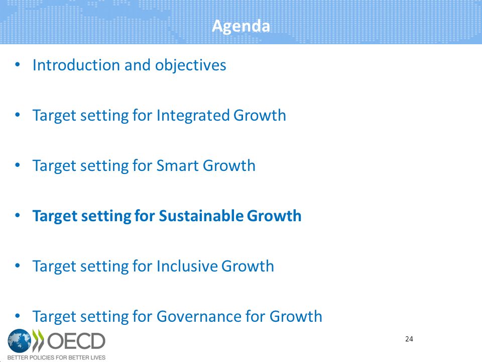 Agenda Introduction and objectives Target setting for Integrated Growth Target setting for Smart Growth Target setting for Sustainable Growth Target setting for Inclusive Growth Target setting for Governance for Growth 24