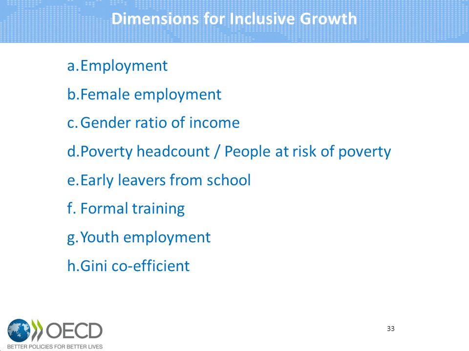 a.Employment b.Female employment c.Gender ratio of income d.Poverty headcount / People at risk of poverty e.Early leavers from school f.Formal training g.Youth employment h.Gini co-efficient Dimensions for Inclusive Growth 33