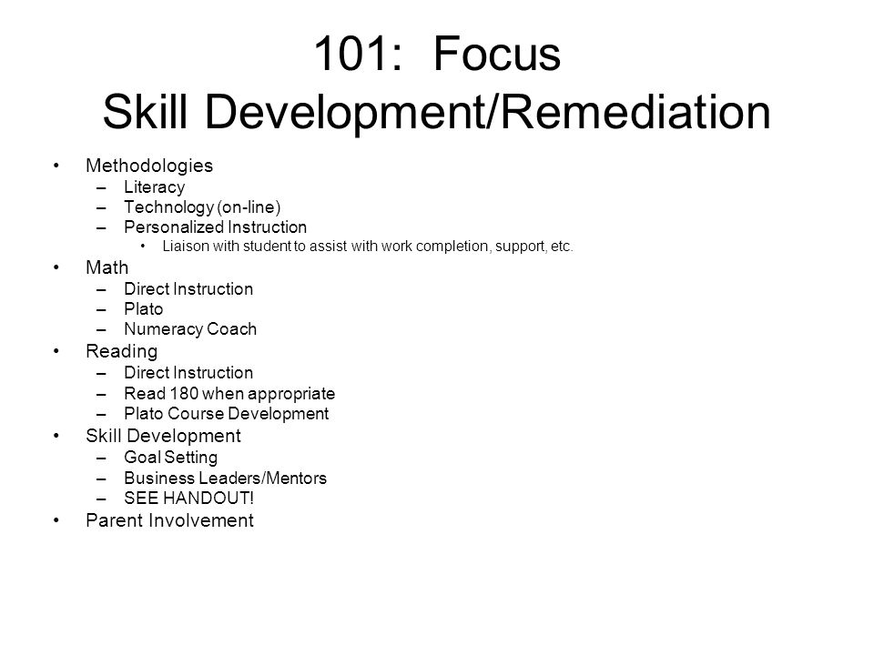 101: Focus Skill Development/Remediation Methodologies –Literacy –Technology (on-line) –Personalized Instruction Liaison with student to assist with work completion, support, etc.