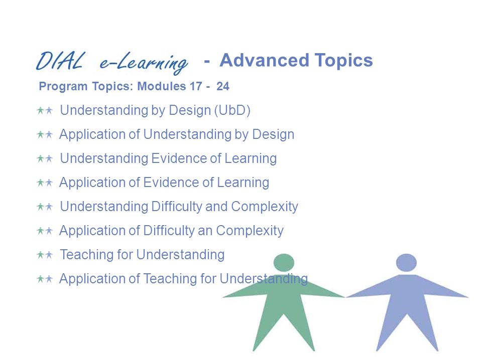 Understanding by Design (UbD) Application of Understanding by Design Understanding Evidence of Learning Application of Evidence of Learning Understanding Difficulty and Complexity Application of Difficulty an Complexity Teaching for Understanding Application of Teaching for Understanding Program Topics: Modules Advanced Topics