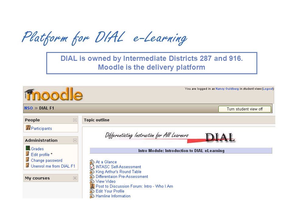 DIAL is owned by Intermediate Districts 287 and 916. Moodle is the delivery platform