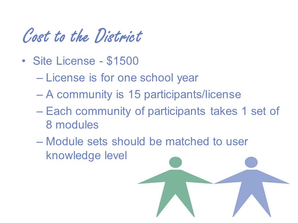 Cost to the District Site License - $1500 –License is for one school year –A community is 15 participants/license –Each community of participants takes 1 set of 8 modules –Module sets should be matched to user knowledge level
