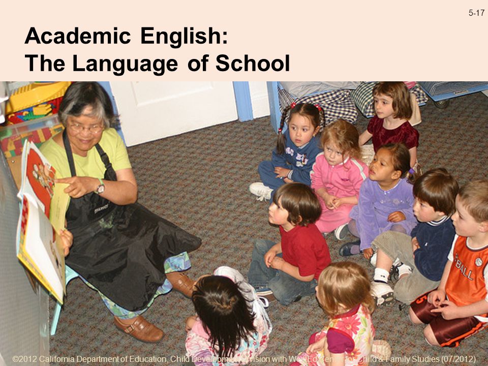 ©2012 California Department of Education, Child Development Division with WestEd Center for Child & Family Studies (07/2012) 5-17 Academic English: The Language of School ©2012 California Department of Education, Child Development Division with WestEd Center for Child & Family Studies (07/2012)