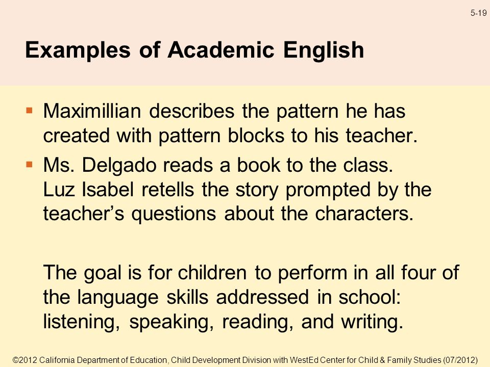 5-19 Examples of Academic English Maximillian describes the pattern he has created with pattern blocks to his teacher.