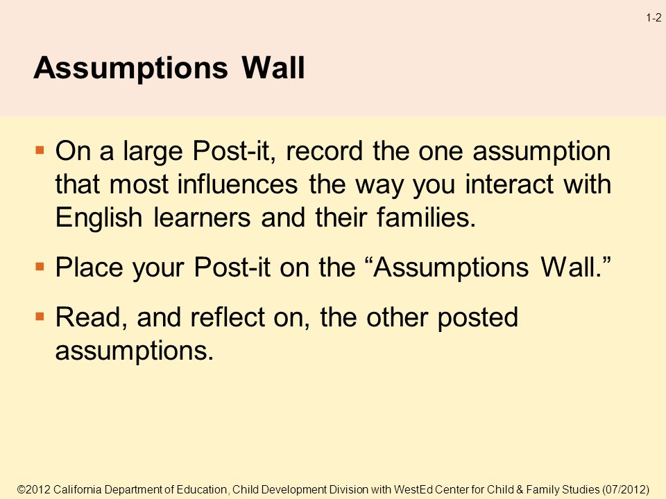 1-2 Assumptions Wall On a large Post-it, record the one assumption that most influences the way you interact with English learners and their families.