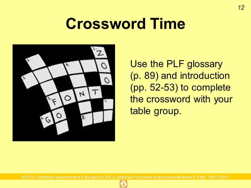 12 Crossword Time Use the PLF glossary (p. 89) and introduction (pp.