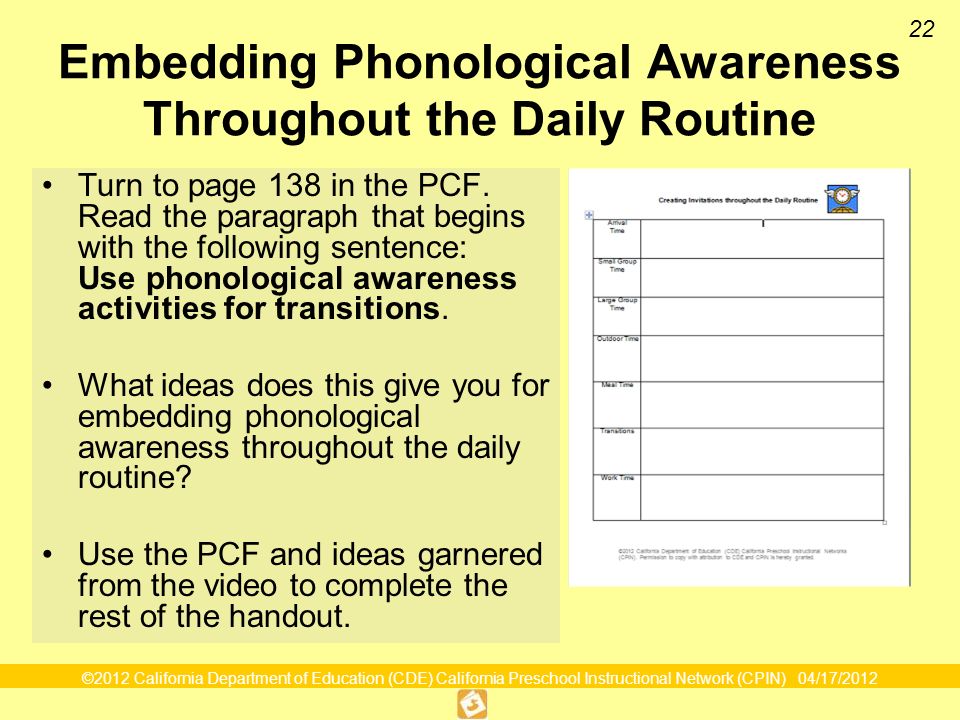 22 Embedding Phonological Awareness Throughout the Daily Routine Turn to page 138 in the PCF.