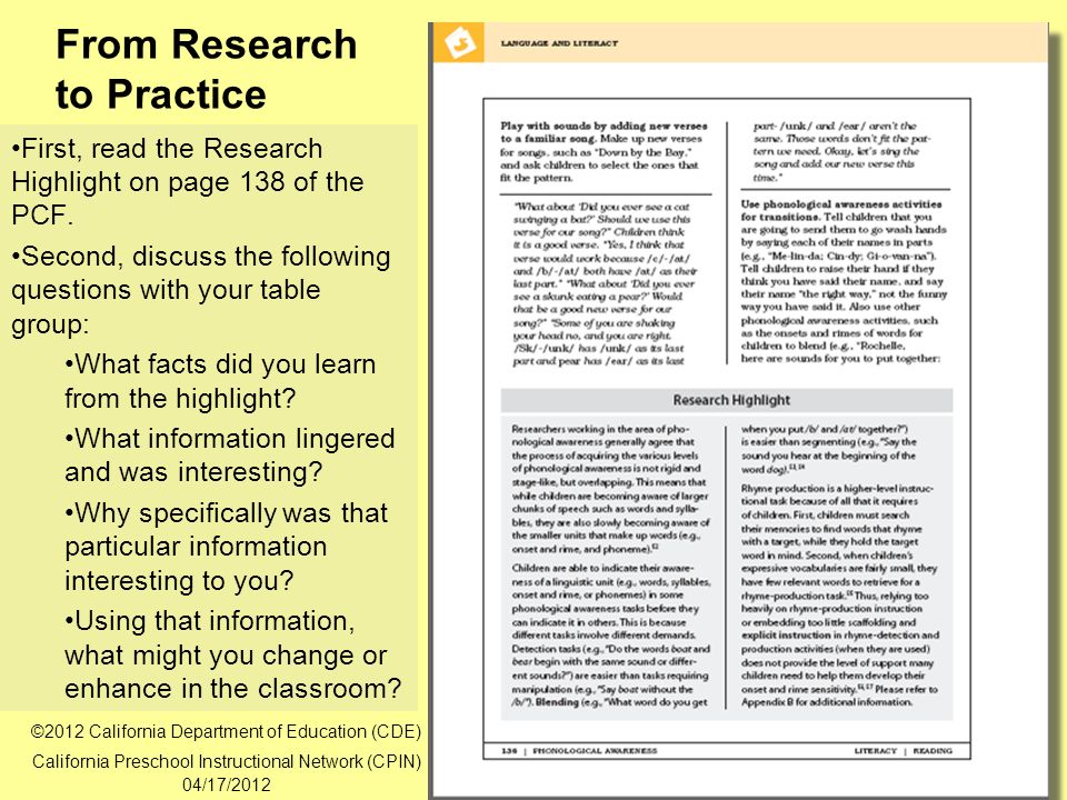25 From Research to Practice First, read the Research Highlight on page 138 of the PCF.