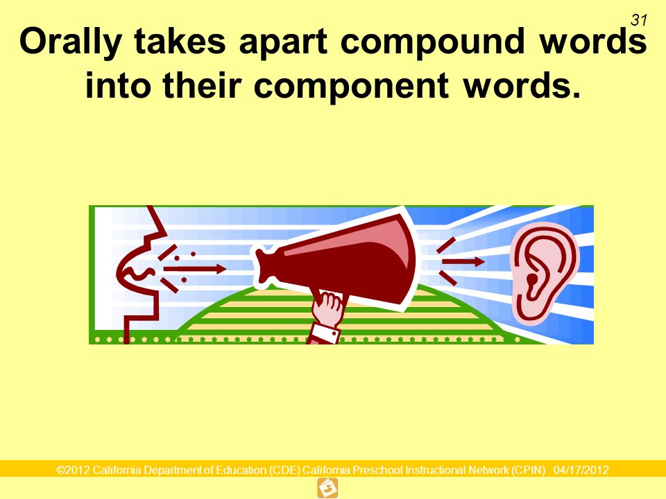 ©2012 California Department of Education (CDE) California Preschool Instructional Network (CPIN) 04/17/ Orally takes apart compound words into their component words.