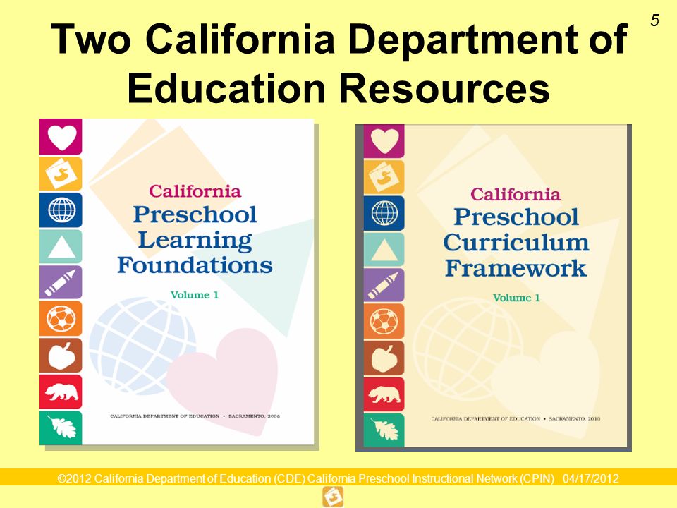 ©2012 California Department of Education (CDE) California Preschool Instructional Network (CPIN) 04/17/ Two California Department of Education Resources