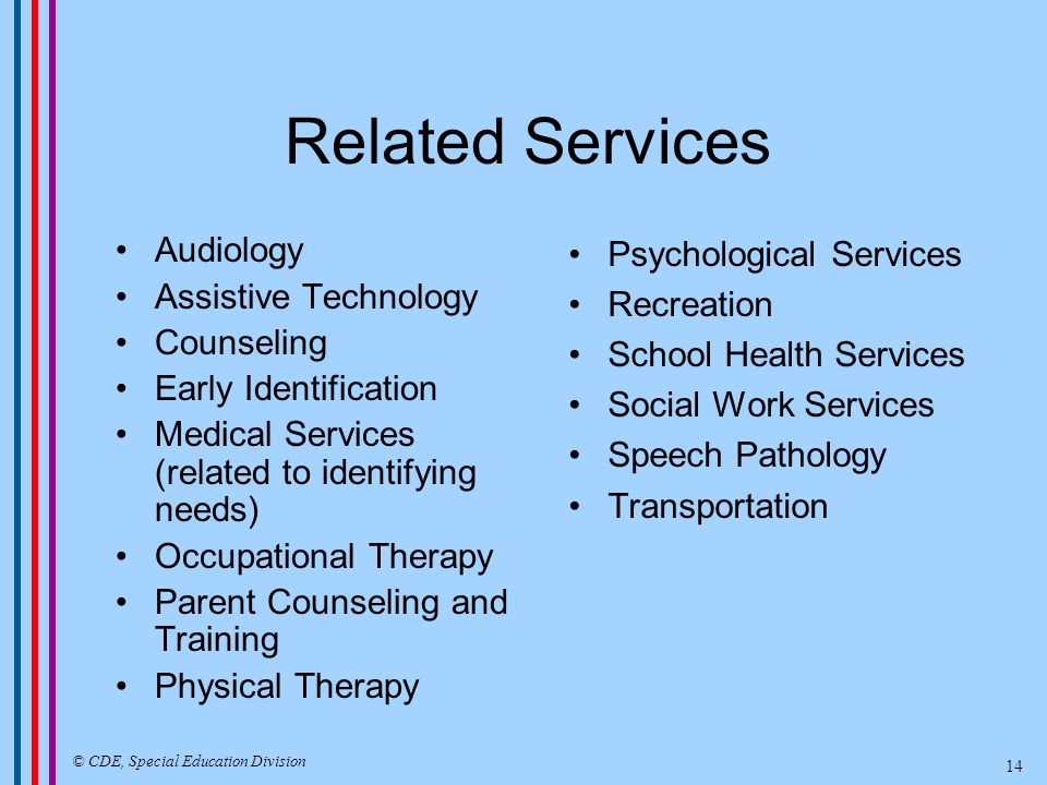Related Services Audiology Assistive Technology Counseling Early Identification Medical Services (related to identifying needs) Occupational Therapy Parent Counseling and Training Physical Therapy Psychological Services Recreation School Health Services Social Work Services Speech Pathology Transportation © CDE, Special Education Division 14