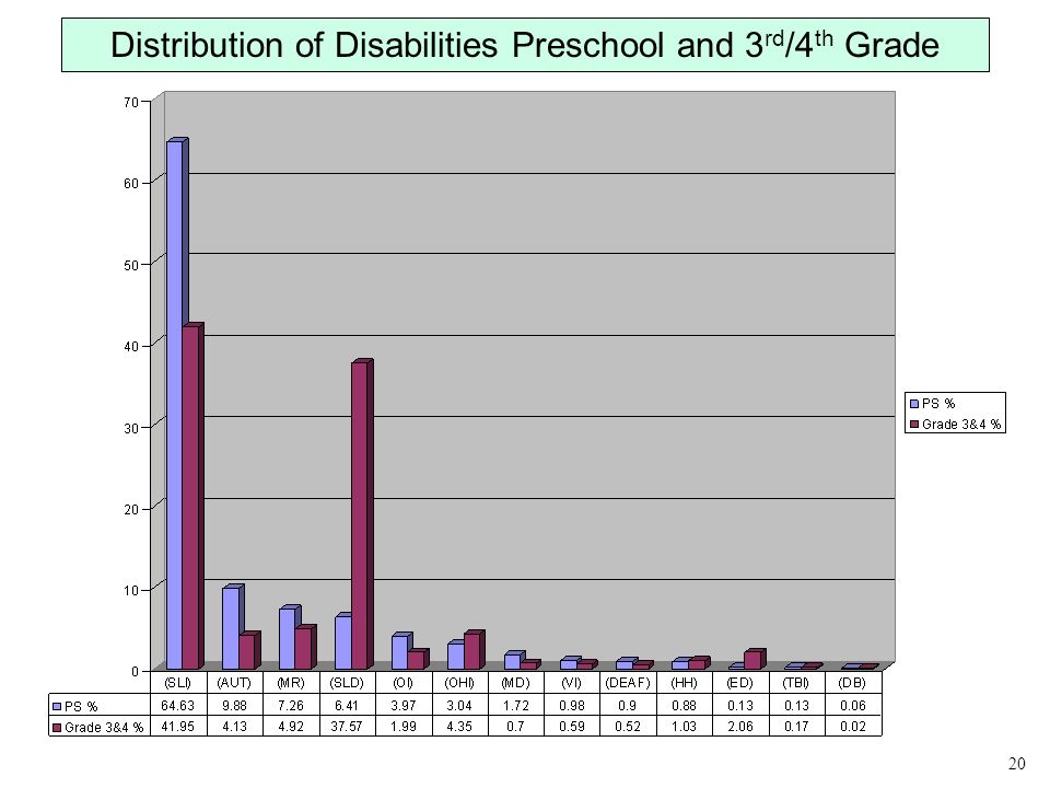 Distribution of Disabilities Preschool and 3 rd /4 th Grade 20