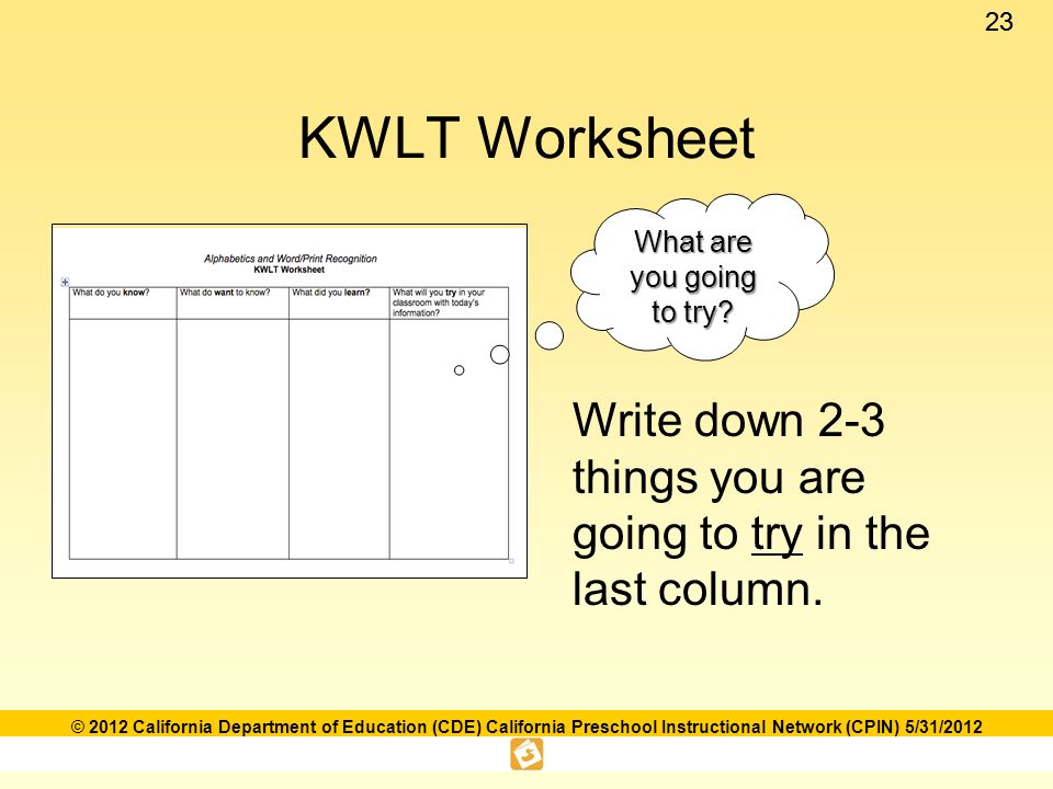 23 © 2012 California Department of Education (CDE) California Preschool Instructional Network (CPIN) 5/31/2012 KWLT Worksheet What are you going to try.