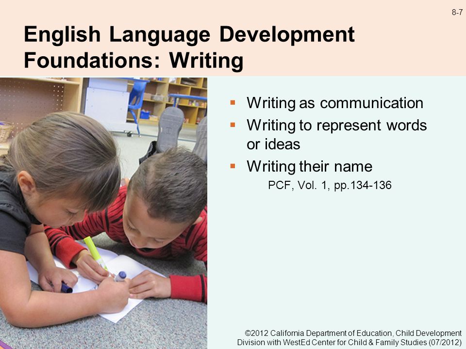8-7 English Language Development Foundations: Writing Writing as communication Writing to represent words or ideas Writing their name PCF, Vol.