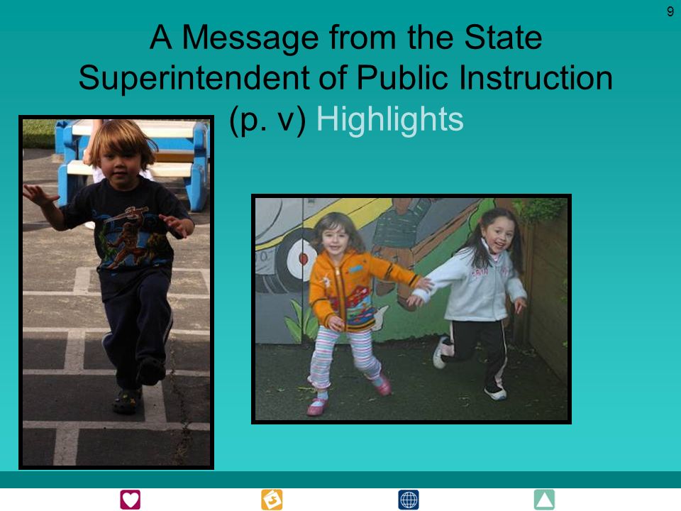 9 A Message from the State Superintendent of Public Instruction (p. v) Highlights