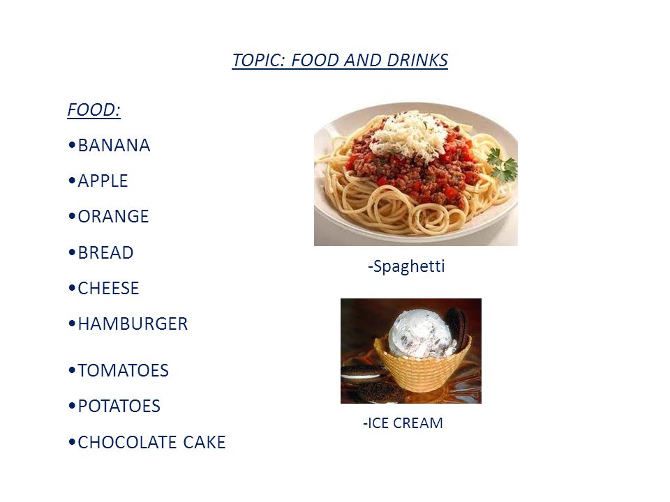 TOPIC: FOOD AND DRINKS FOOD: BANANA APPLE ORANGE BREAD CHEESE HAMBURGER TOMATOES POTATOES CHOCOLATE CAKE -Spaghetti -ICE CREAM