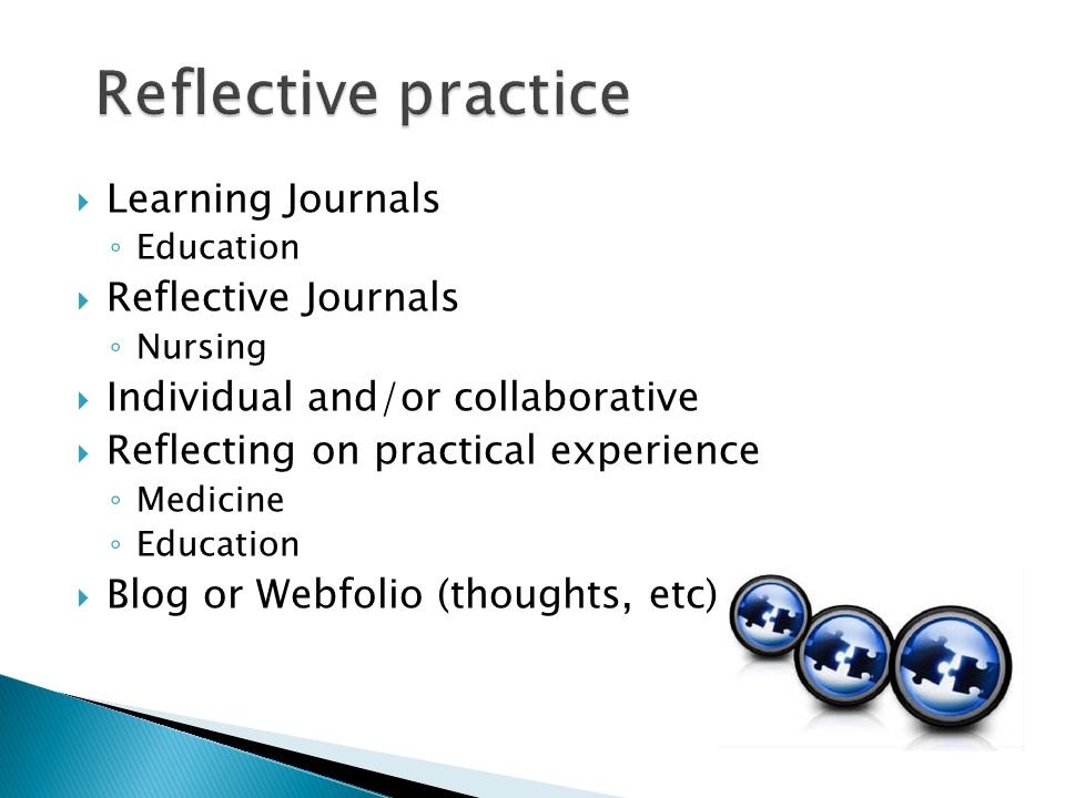Learning Journals Education Reflective Journals Nursing Individual and/or collaborative Reflecting on practical experience Medicine Education Blog or Webfolio (thoughts, etc)