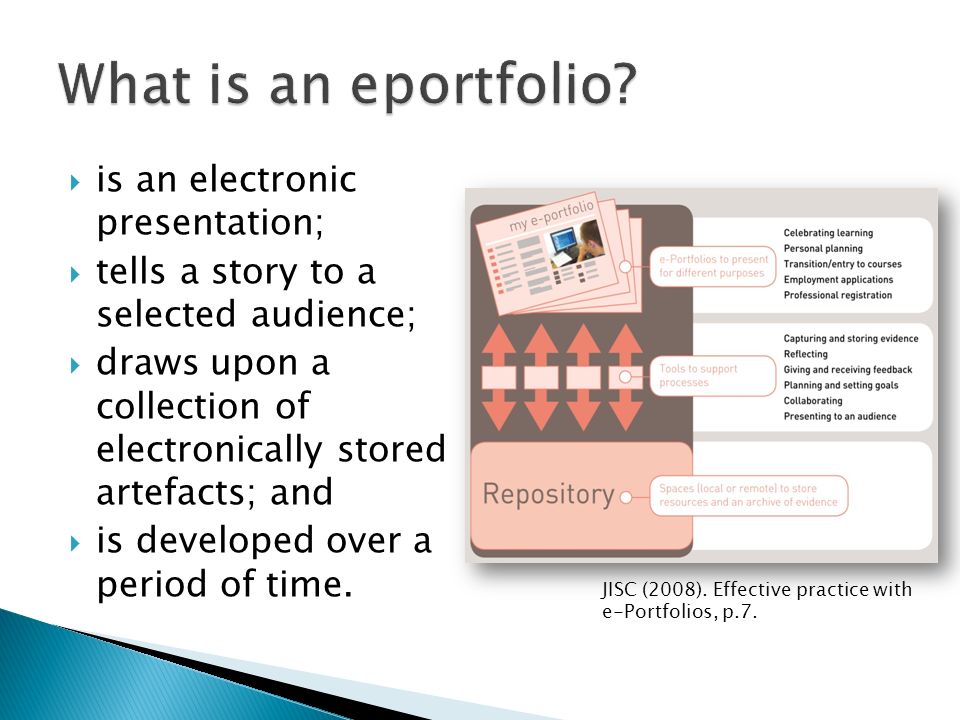 is an electronic presentation; tells a story to a selected audience; draws upon a collection of electronically stored artefacts; and is developed over a period of time.
