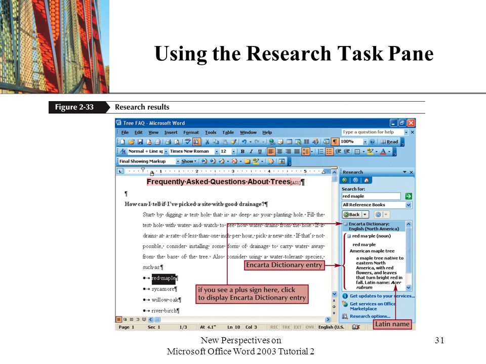 XP New Perspectives on Microsoft Office Word 2003 Tutorial 2 31 Using the Research Task Pane