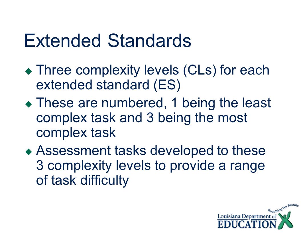 Extended Standards Three complexity levels (CLs) for each extended standard (ES) These are numbered, 1 being the least complex task and 3 being the most complex task Assessment tasks developed to these 3 complexity levels to provide a range of task difficulty