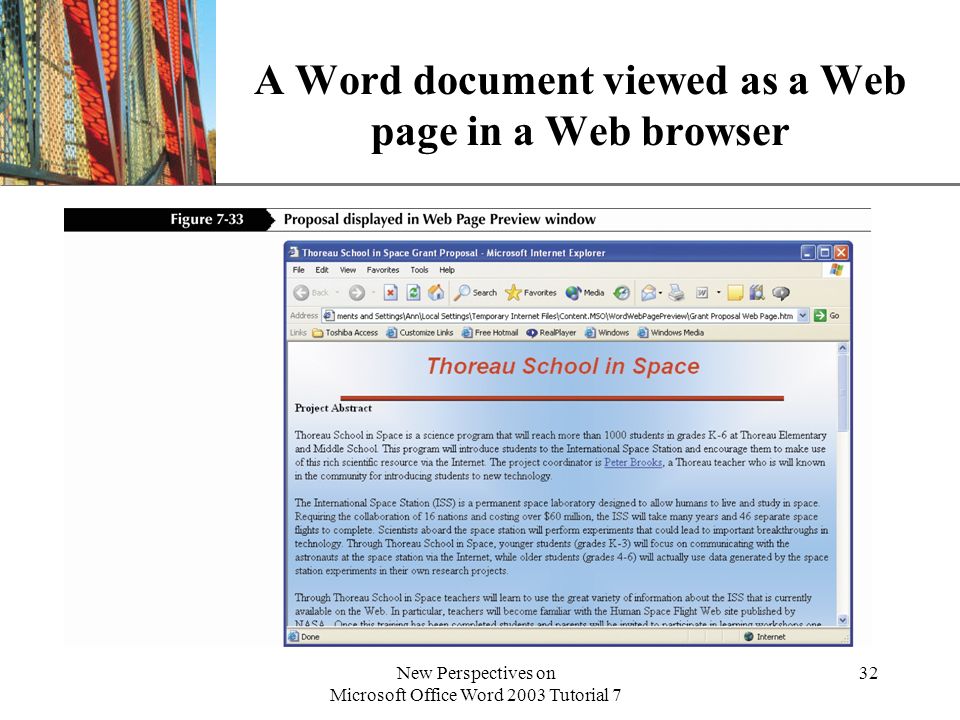 XP New Perspectives on Microsoft Office Word 2003 Tutorial 7 32 A Word document viewed as a Web page in a Web browser