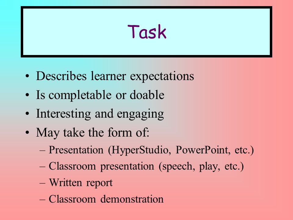 Task Describes learner expectations Is completable or doable Interesting and engaging May take the form of: –Presentation (HyperStudio, PowerPoint, etc.) –Classroom presentation (speech, play, etc.) –Written report –Classroom demonstration