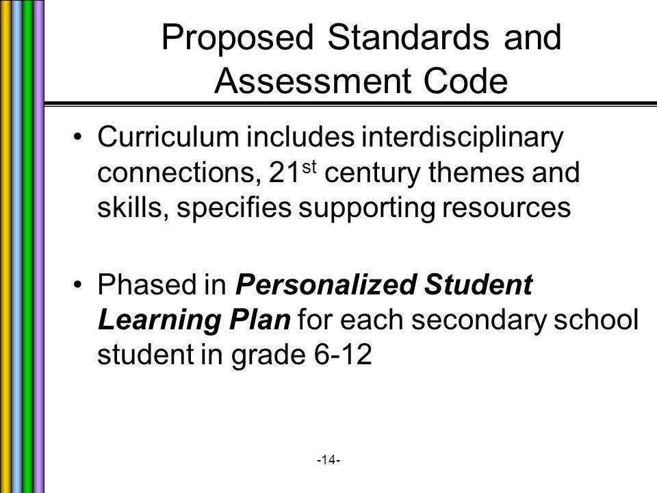 -14- Proposed Standards and Assessment Code Curriculum includes interdisciplinary connections, 21 st century themes and skills, specifies supporting resources Phased in Personalized Student Learning Plan for each secondary school student in grade 6-12