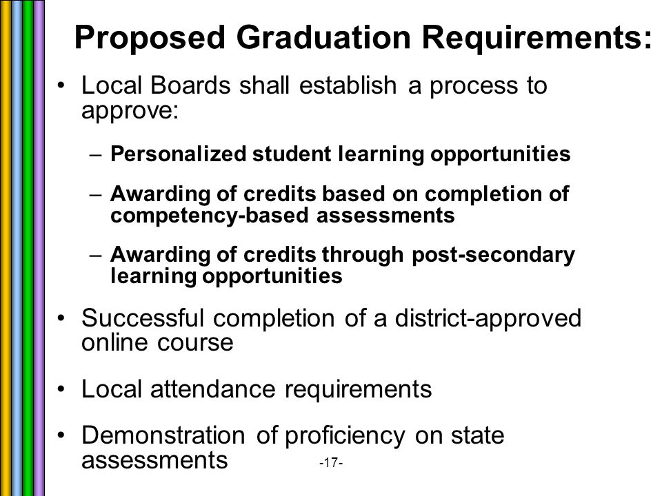 -17- Local Boards shall establish a process to approve: –Personalized student learning opportunities –Awarding of credits based on completion of competency-based assessments –Awarding of credits through post-secondary learning opportunities Successful completion of a district-approved online course Local attendance requirements Demonstration of proficiency on state assessments Proposed Graduation Requirements: