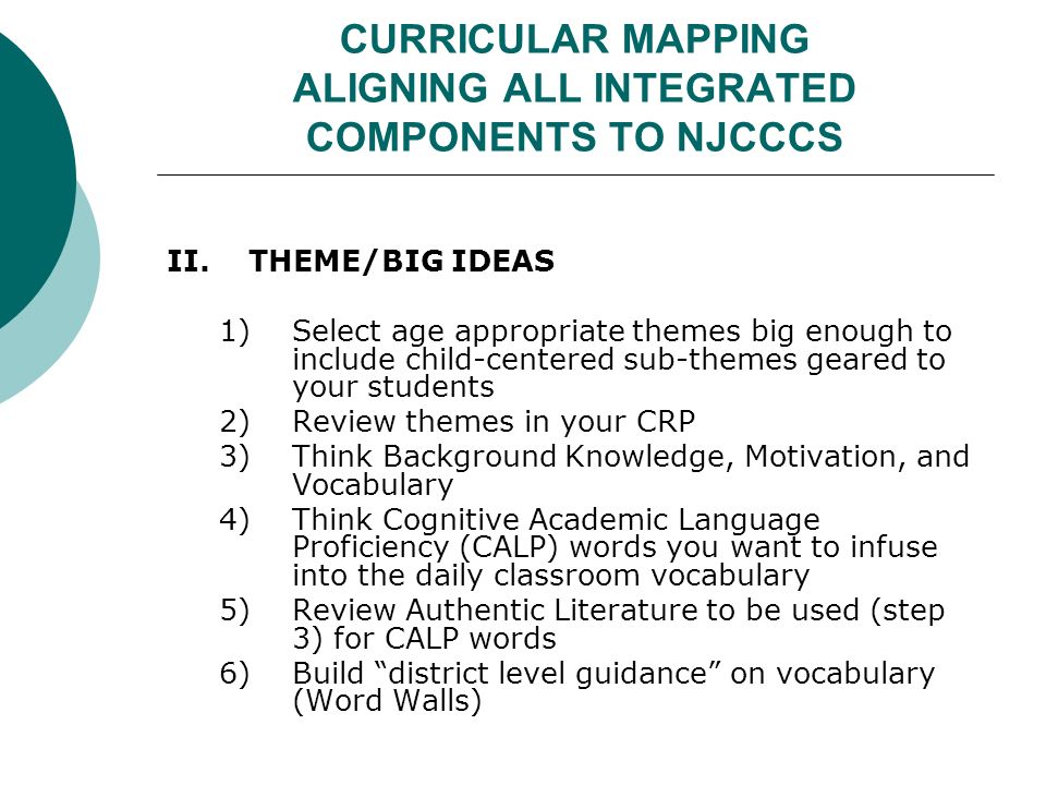 CURRICULAR MAPPING ALIGNING ALL INTEGRATED COMPONENTS TO NJCCCS II.
